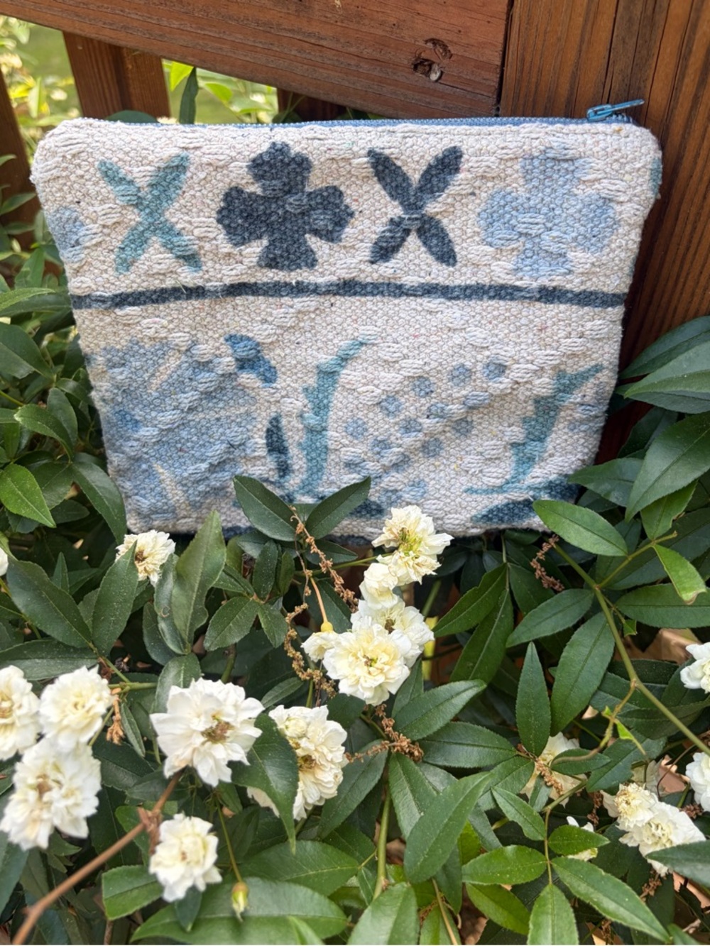 Handmade Blue Floral Textured Zip Pouch